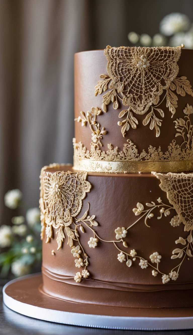 Close-up of a wedding cake decorated with gold lace over smooth chocolate icing.